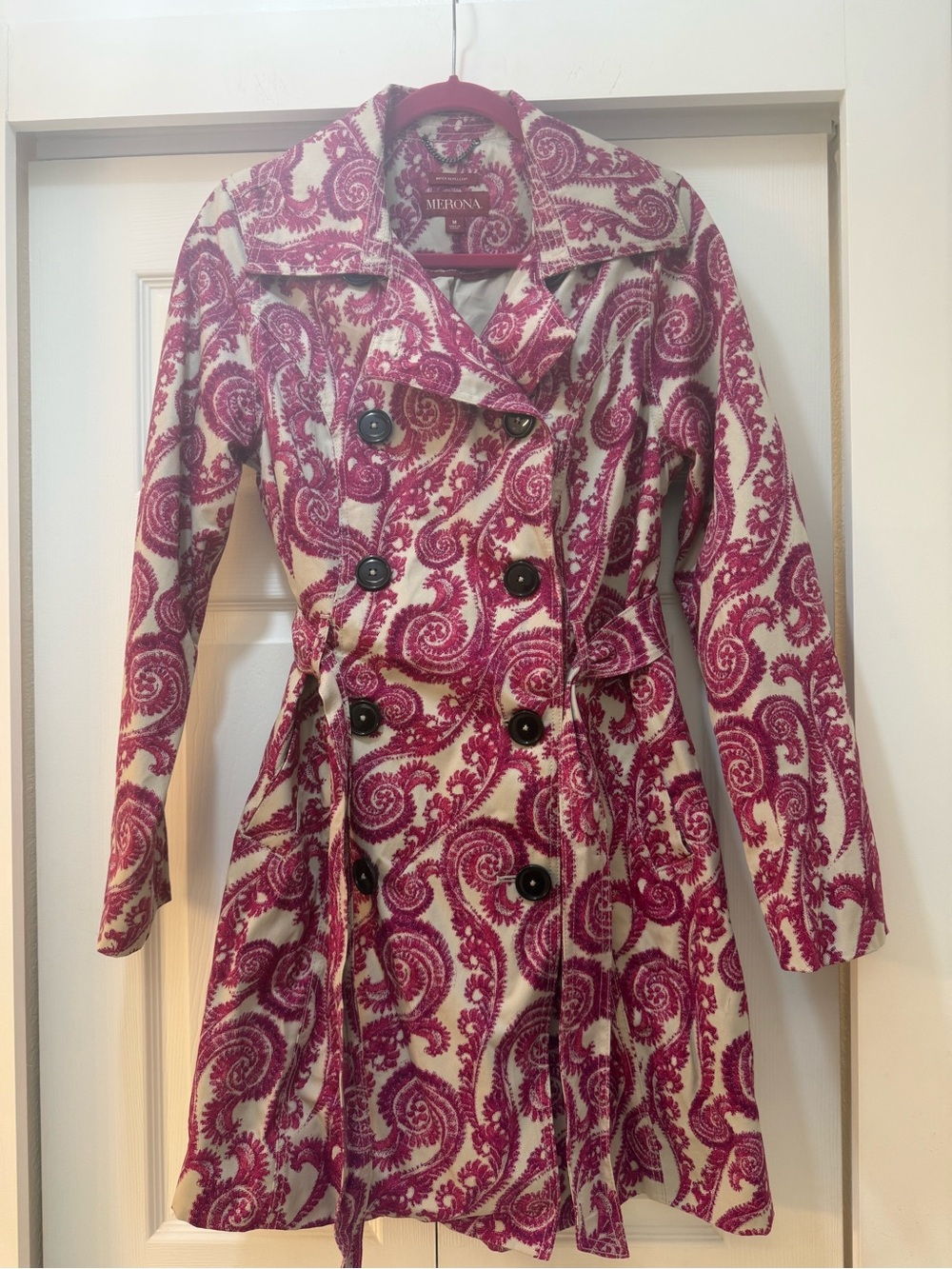 Merona Fuchsia Paisley Long Sleeve Trench Coat Dress, New, Medium